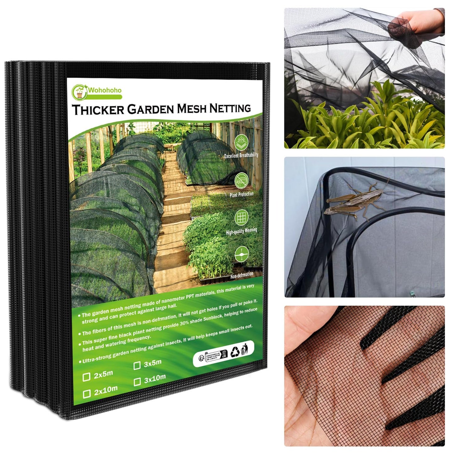 Wohohoho Stronger Garden Insect Mesh Netting, 6.6Ft x 16Ft Nano Black Bird Net Barrier. Mosquito Netting Screen for Patio Balcony Porch Cover, Garden Protection for Vegetables Plants, Shading Rate 33%