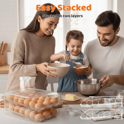 SMRCAD Egg Holder for Fridge, Automatic Stable Rolling Egg Dispenser with Handle & Silicone Pad for Refrigerator, Large Capacity Egg Organizer with Lid