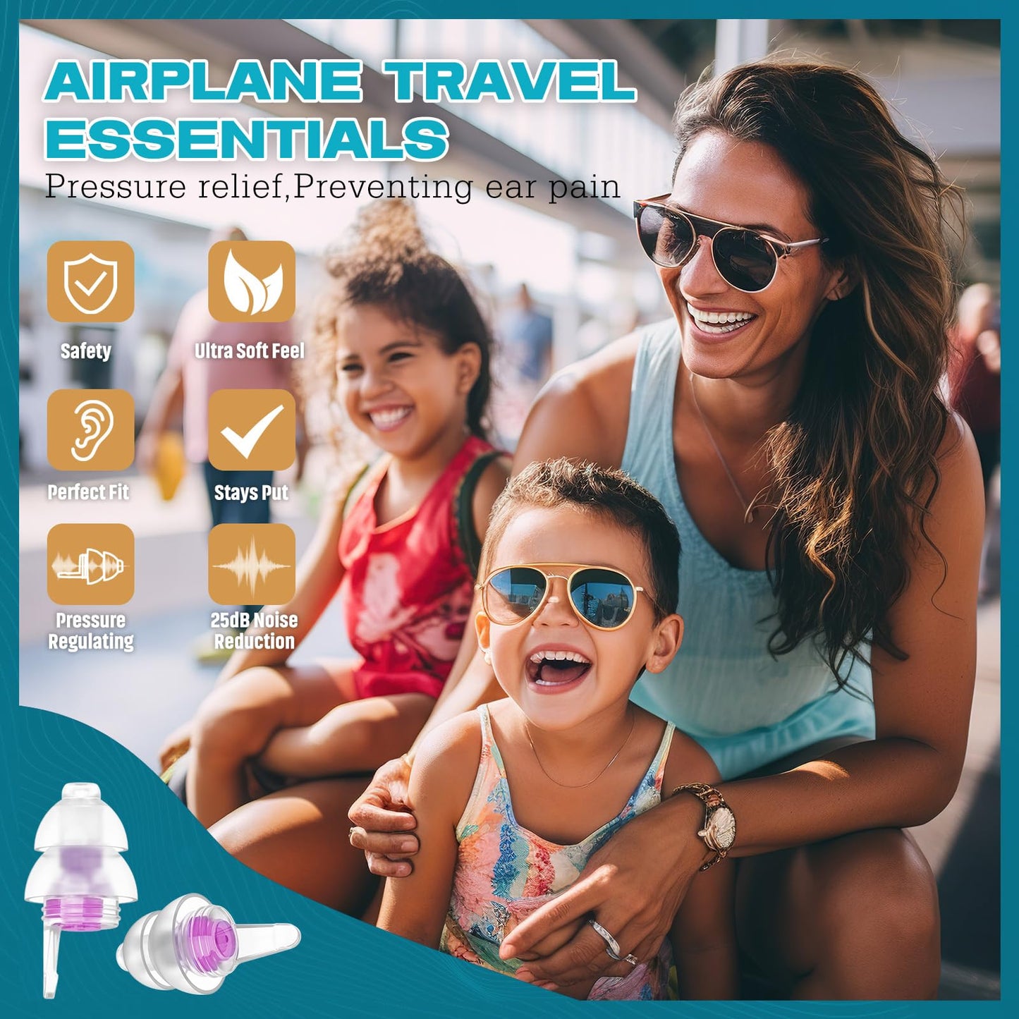 Ear Plugs for Airplane Pressure with Silicone Cord, Ear Pain Relief & Noise Reducing 25 dB, 100x Reusable Soft Flying Earplugs for Adults Kids 12+, Air Travel Essentials, Bouchon Oreille Avion Pression