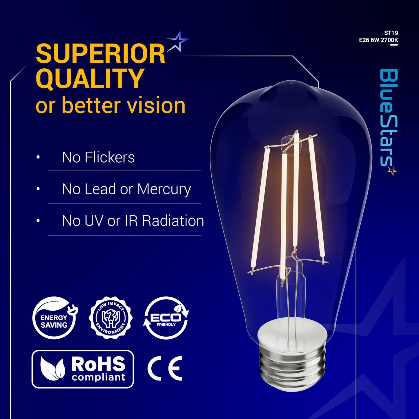 BlueStars Vintage ST58 ST19 LED Filament E26 Medium Base Edison Light Bulbs, 120V 60W Equivalent, 2700K Warm White 650 lumens for Ceiling Fixture, Chandelier and Pendant, 6-Pack