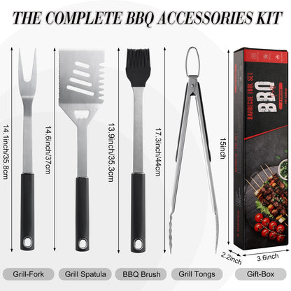 BBQ Accessories Grill Tools, Heavy Duty Grilling Accessories Barbecue Accessories Stainless Steel Grill Accessories with Spatula,Fork,Tongs,Brush and Gift-Box for Outdoor Grill, Home Grill (4PCS)