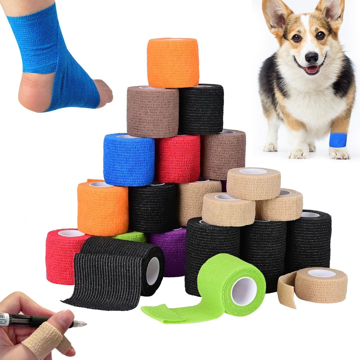 24 Rolls Self Adhesive Wrap Bandages, 1" 2" 3" x 5 Yards Lychee Elastic Tensor Vet Wrap Bandage Non-Woven Cohesive Waterproof Bandage Athletic Tape Stretch Wrap for Dogs Cats Horses Birds & Wrist Healing Ankle Sprain Swelling Colorful