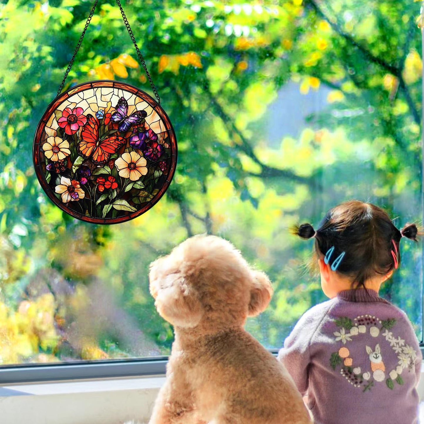 UXORSN Butterfly Faux Stained Glass Window Hanging Suncatcher 6 Inch Gifts for Mom Photo Family Portrait Handmade Sun Catcher Wall Art Home Decor for Women Garden Home Thanksgiving Christmas
