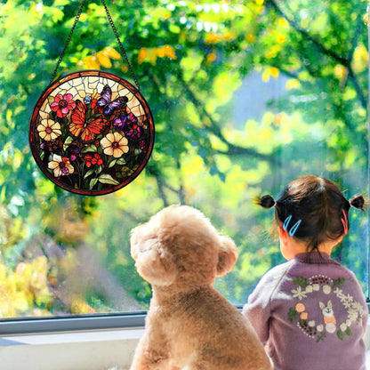 UXORSN Butterfly Faux Stained Glass Window Hanging Suncatcher 6 Inch Gifts for Mom Photo Family Portrait Handmade Sun Catcher Wall Art Home Decor for Women Garden Home Thanksgiving Christmas