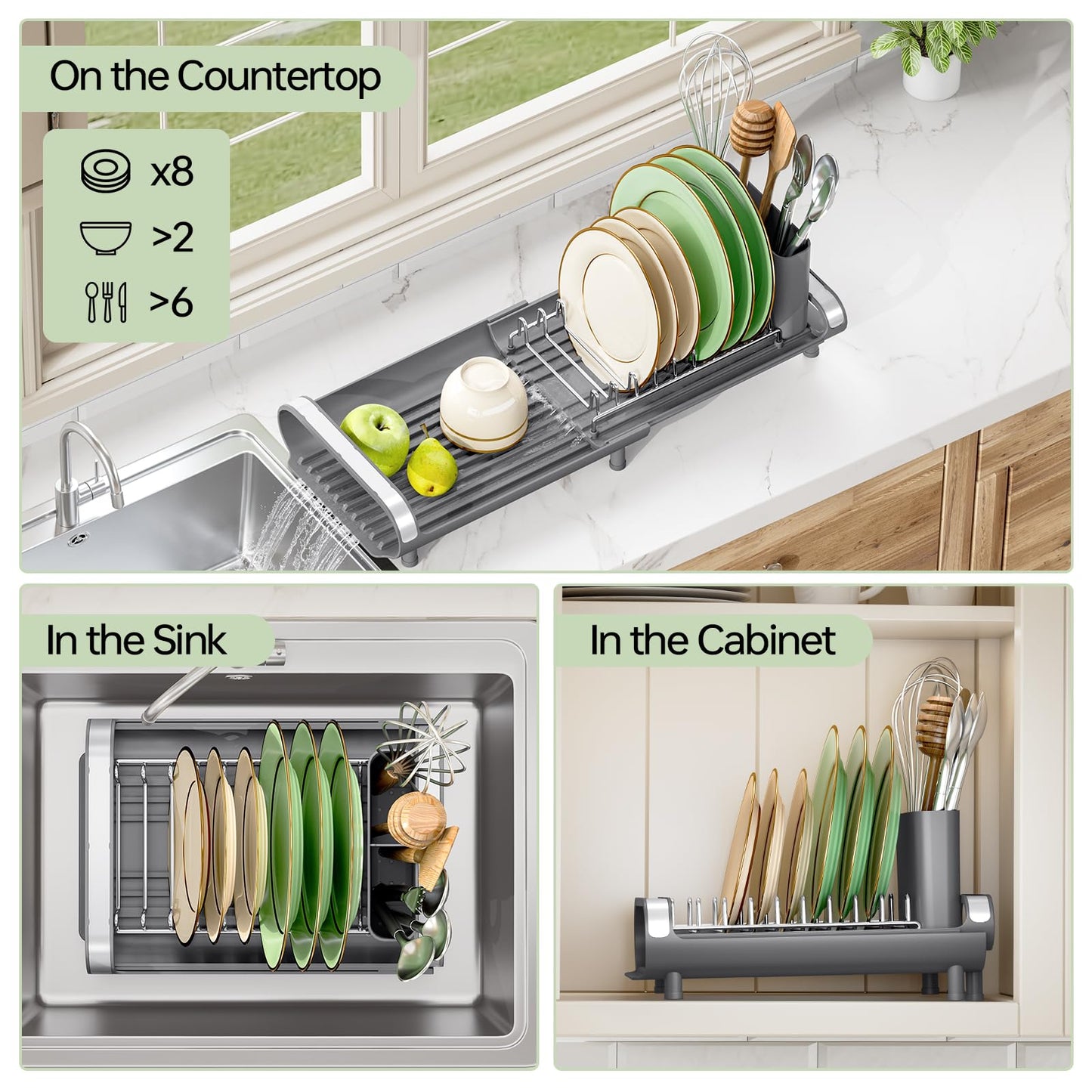 Small Expandable Dish Drying Rack – Compact Stainless Steel Dish Drainer with Removable Cutlery Holder, Anti-Rust Plate Rack for Kitchen Countertop or Sink, Grey