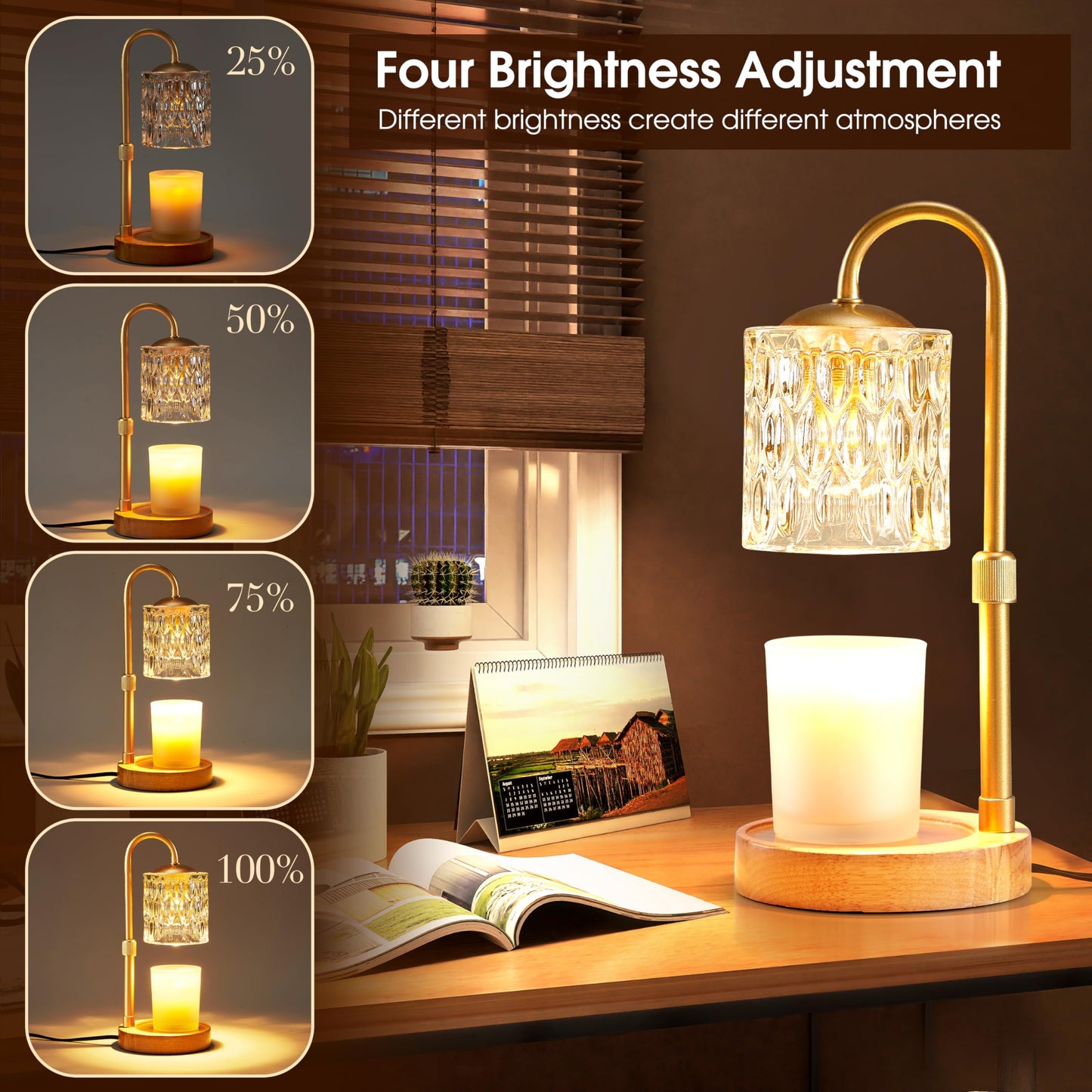 Briever Dimmable Candle Warmer Lamp with Timer, Height Adjustable Electric Candle Wax Warmer for All Size Jar Candles, Top-Down Light Heat Melting Wax with 2 Bulbs & Wooden Base for Gifts Home Decor