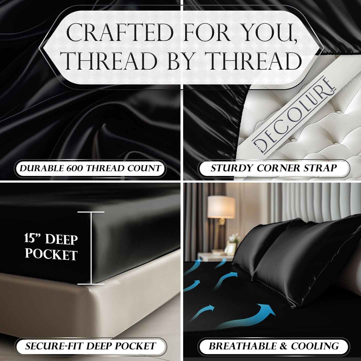 DECOLURE Satin Fitted Sheet Queen Size (1 PC) – Luxuriously Smooth & Softer Than Silk Bed Sheets w/ 15 Inch Deep Pocket Hypoallergenic Wrinkle Free, Secure Snug Fit, Elastic Corner Straps (Black)