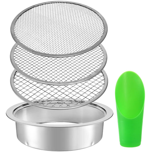 Suwimut Soil Sifter, 9.5" Fine Mesh Stainless Steel Soil Sieve for Gardening, Compost Sifter with 3 Interchangeable Filter Mesh Sizes 3/6/9 mm and Shovel, Sieve Strainer for Sand Rock Dirt Compost
