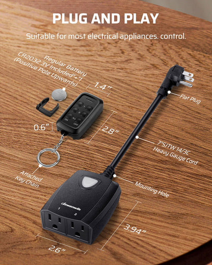 DEWENWILS Outdoor Wireless Remote Control Outlet, 2 Independent Control Sockets Weatherproof Electrical Remote Control Switch, 15A Heavy Duty with 2 Remote, 7 Inch Cord, 100 FT Range