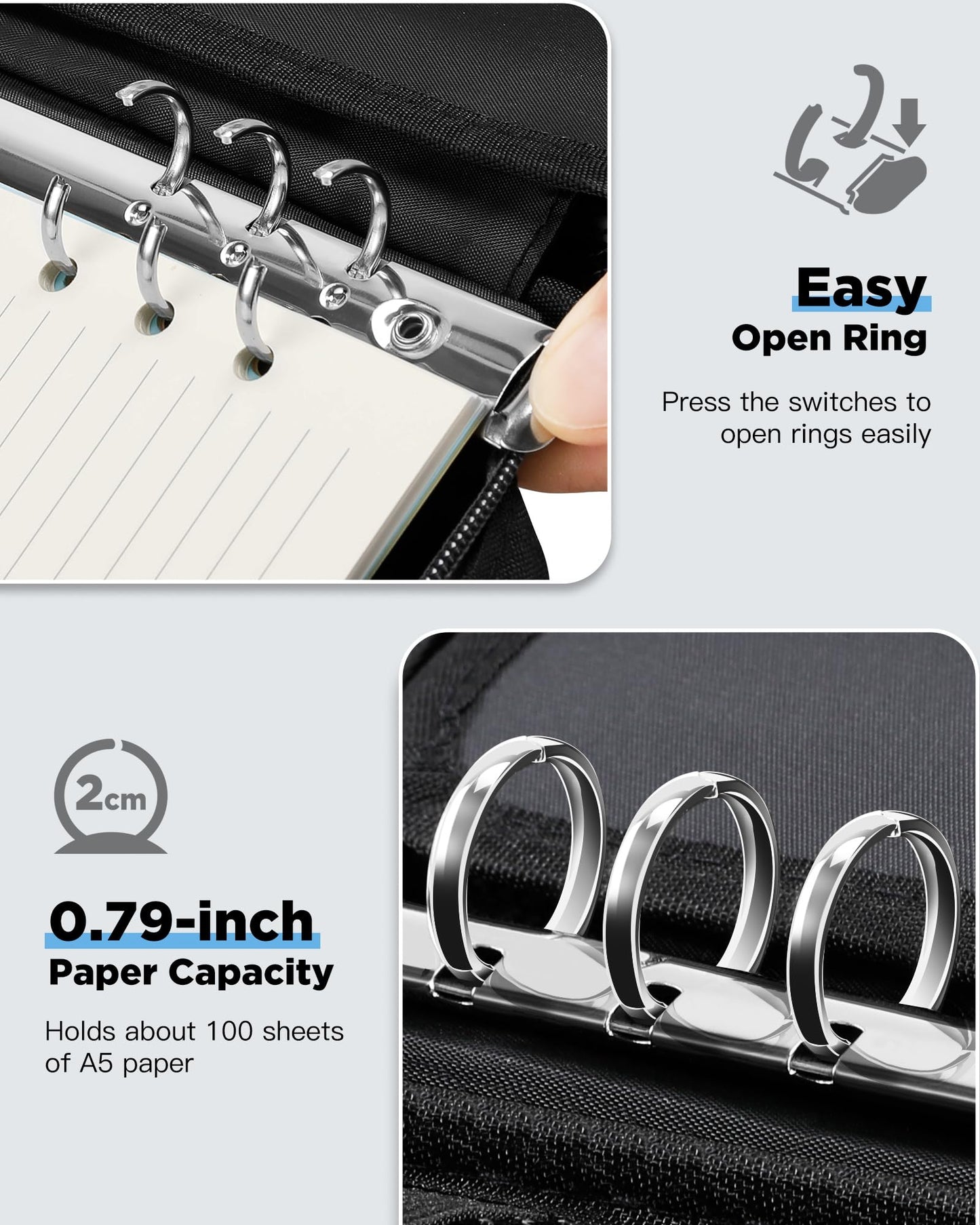 Zannaki A5 Zipper Binder, 6 Ring Personal Planner Journal Budget Binder Cover Case, Refillable Notebook Shell for Journal Diary File Album Photo Card Organizer Portable School Office Supplies, Black