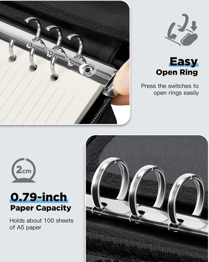 Zannaki A5 Zipper Binder, 6 Ring Personal Planner Journal Budget Binder Cover Case, Refillable Notebook Shell for Journal Diary File Album Photo Card Organizer Portable School Office Supplies, Black
