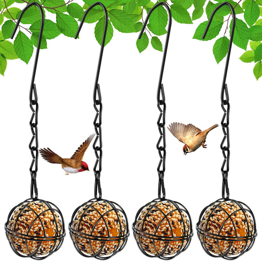 Abizarch 4 Pack Suet Ball Bird Feeder Set, Metal Bird Feeding Station Kit with Hanging Chain, Squirrel Proof Bird Feeders for Outside ，Hanging Hummingbird Feeders for Wild Birds Outdoor Garden