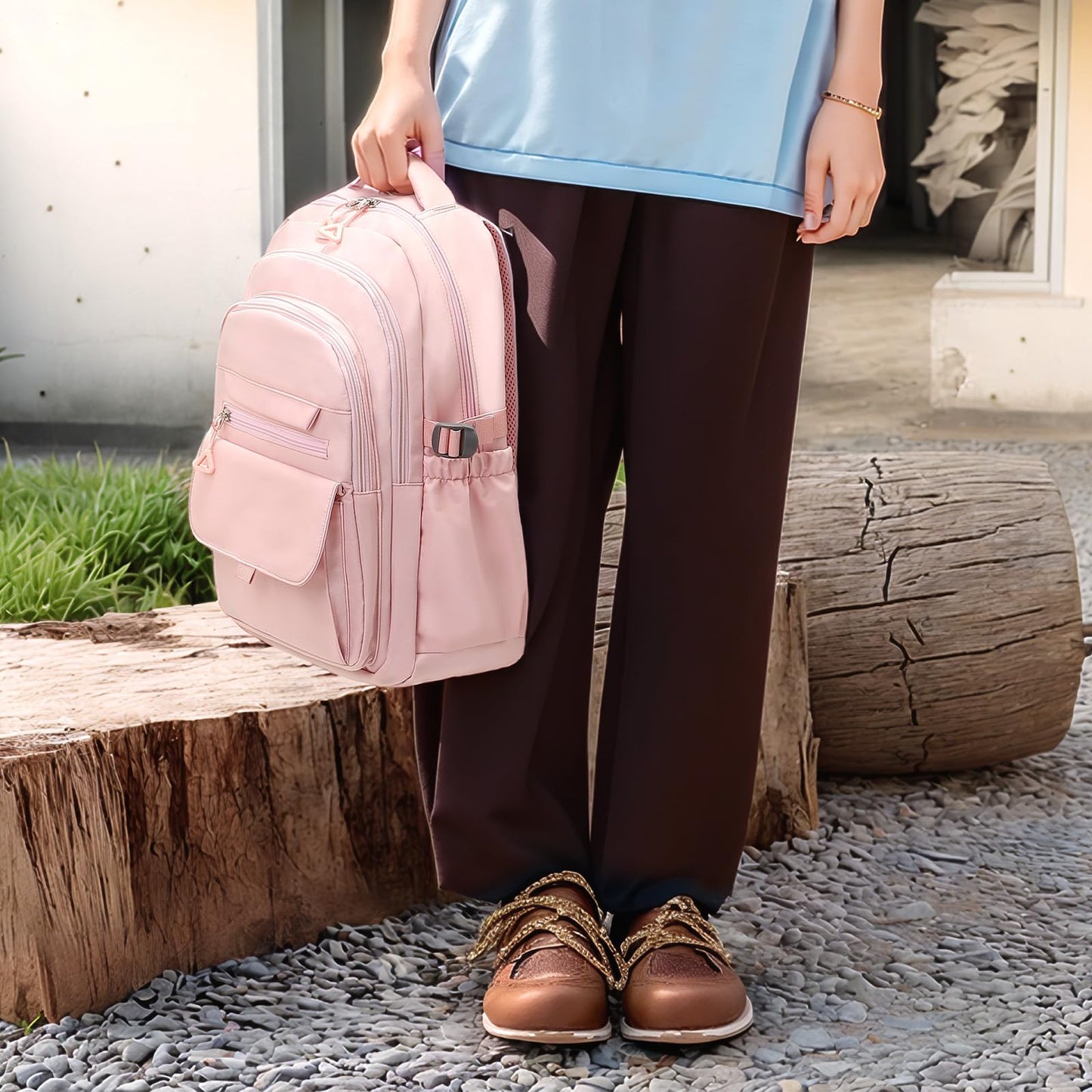 SUIKIHUM Aesthetic Daypack Backpack, Water-Resistant 15.6" Laptop Backpack for Women and Men, Featuring Touch-Fastener and Anti-Theft Pockets (Pink)