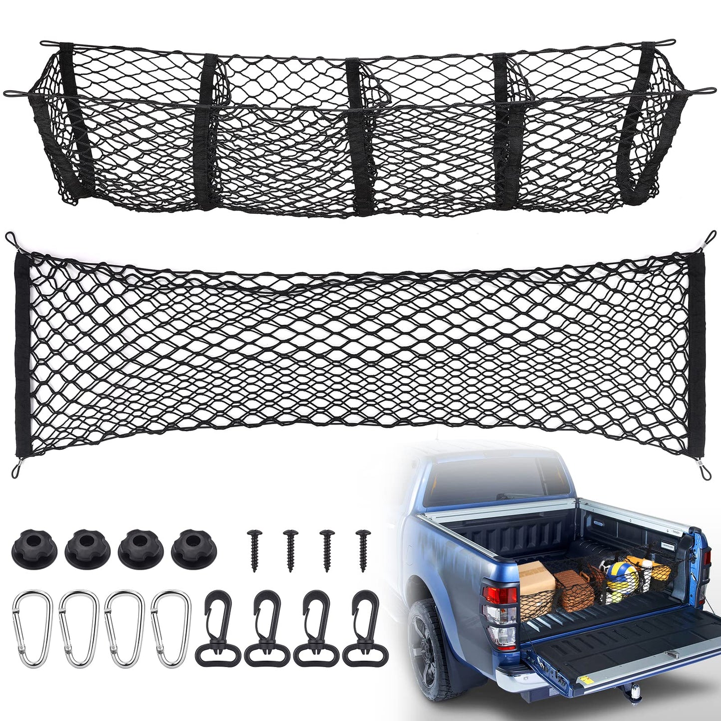 TOBWOLF 2PCS Truck Bed Cargo Net, Trunk Mesh Cargo Organizer Storage Net, Stretchable Mesh Organizer with Hook & Screw, 51.1'' X 14.9'' & 47.2'' X 11.8'' Heavy Duty Cargo Net with 4 Pockets for Trunk