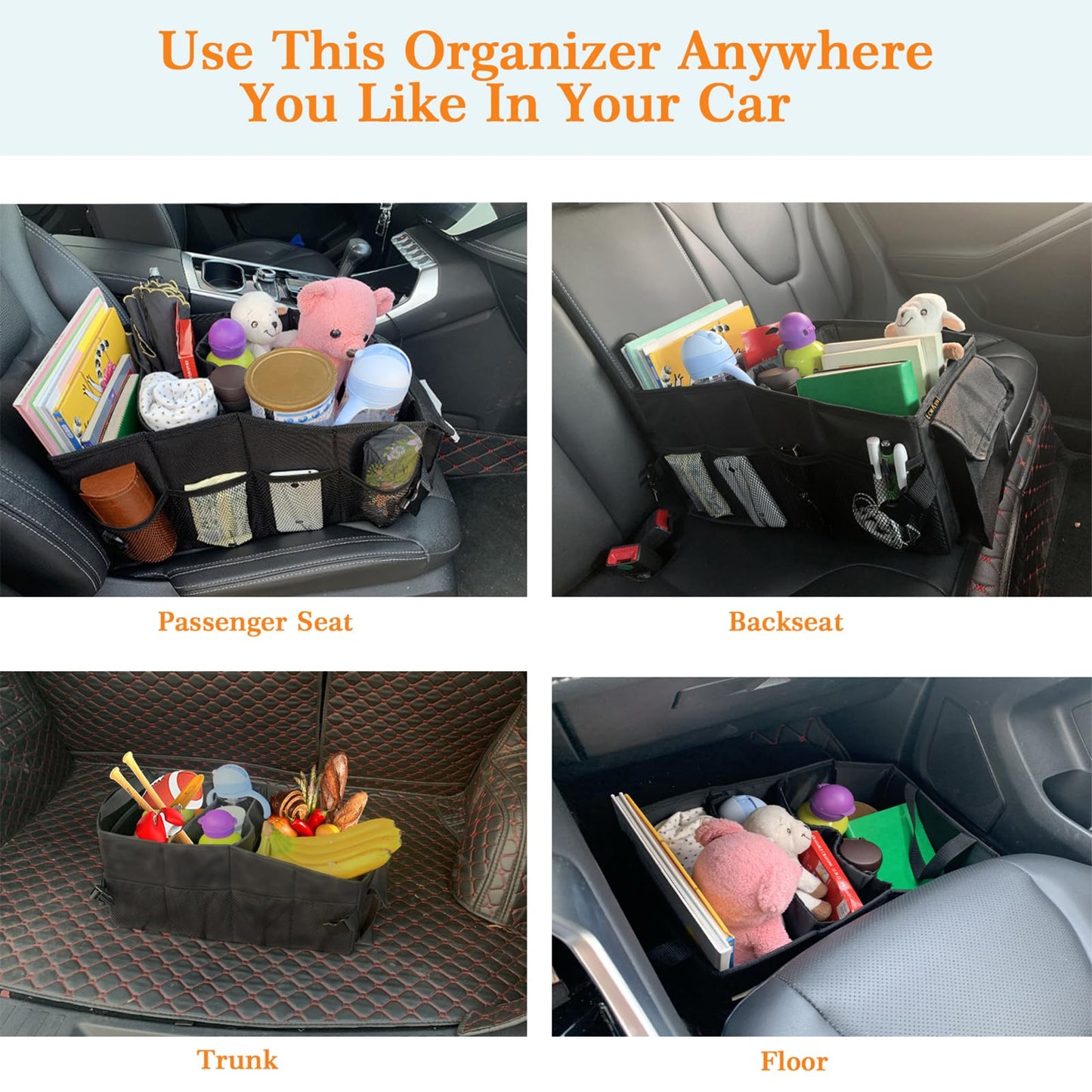 VOPQL Car Seat Organizer – Front & Backseat Tidy Organizer for Adults & Kids, Storage Bag Between Seats for Tissues, Maps, Books, Files, & Games – Fits All Trucks and Vehicles