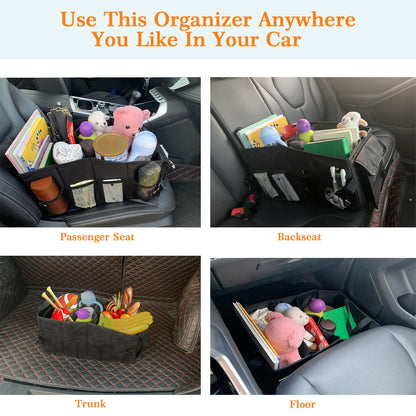 VOPQL Car Seat Organizer – Front & Backseat Tidy Organizer for Adults & Kids, Storage Bag Between Seats for Tissues, Maps, Books, Files, & Games – Fits All Trucks and Vehicles