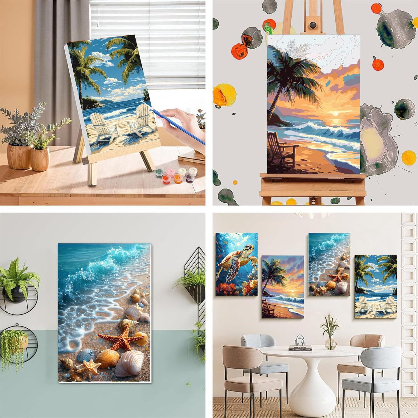 4 Pack Paint by Numbers Adult Kit with Framed Canvas - Wooden Easel, Beach Adult Paint by Number Kits on Canvas, DIY Sea Turtle Acrylic Oil Painting Kit with Brushes for Home Wall Decor (20x30cm)