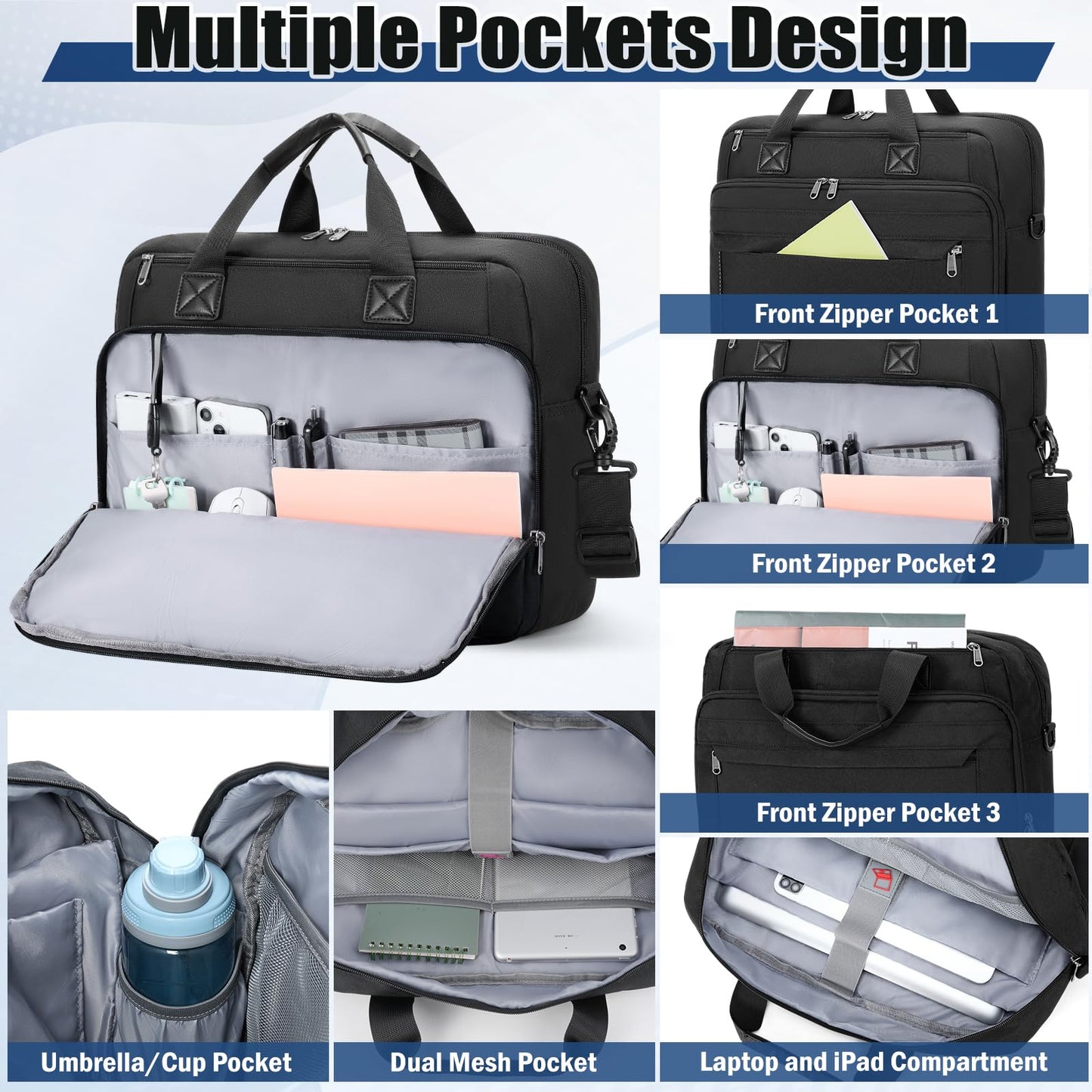RAINSMORE Laptop Bag 15.6 Inch Briefcase Waterproof Large Computer Carrying Case Messenger Bag Shoulder Bags for Man Women Business/Office/Work/Travel, Black