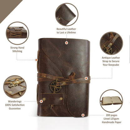 Wanderings Vintage Leather Journal - 4" x 6" - Small Antique Hand-Crafted Leather with Bound Old Fashioned Deckle Edge Paper - Perfect for Writing Shadows Journal a Grimoire Sketching