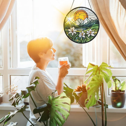 Bimkole Sun Mountain Stained Glass Suncatcher Window Hanging - Flowers Indoor Window or Doorway Decoration - Handmade Sun Catcher Decor for Garden Home Christmas & Birthday Gifts 7.87x7.87 Inch