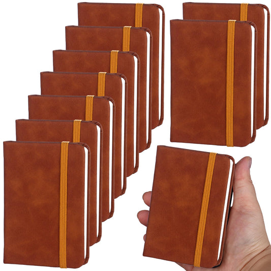 10 Pcs Leather Pocket Notebook A7 Note Book Pocket Hardcover Notepad 3 x 4 Inch Mini Notepad Tiny Lined Journal Notebook With Elastic Band 200 Pages for Office Home School Writing Supplies (Brown)