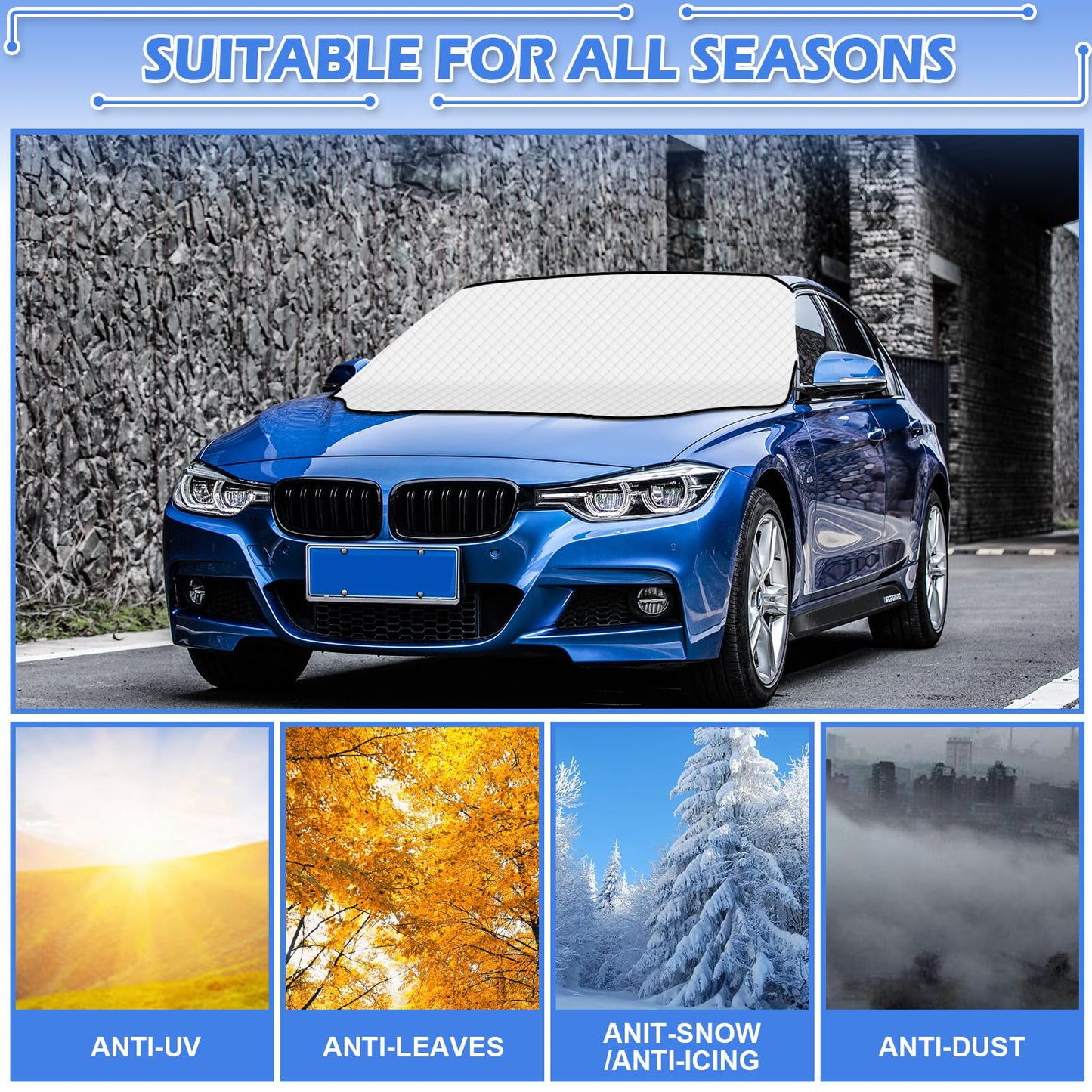 Tevlaphee Windshield Cover for Ice and Snow, Windshield Snow Cover, Magnetic, Car Windshield Snow Cover, Against Snow, Ice, Frost, Dust, Sun, Fits Most Cars Trucks Vans Suvs, 197 * 128cm (Silver-2)