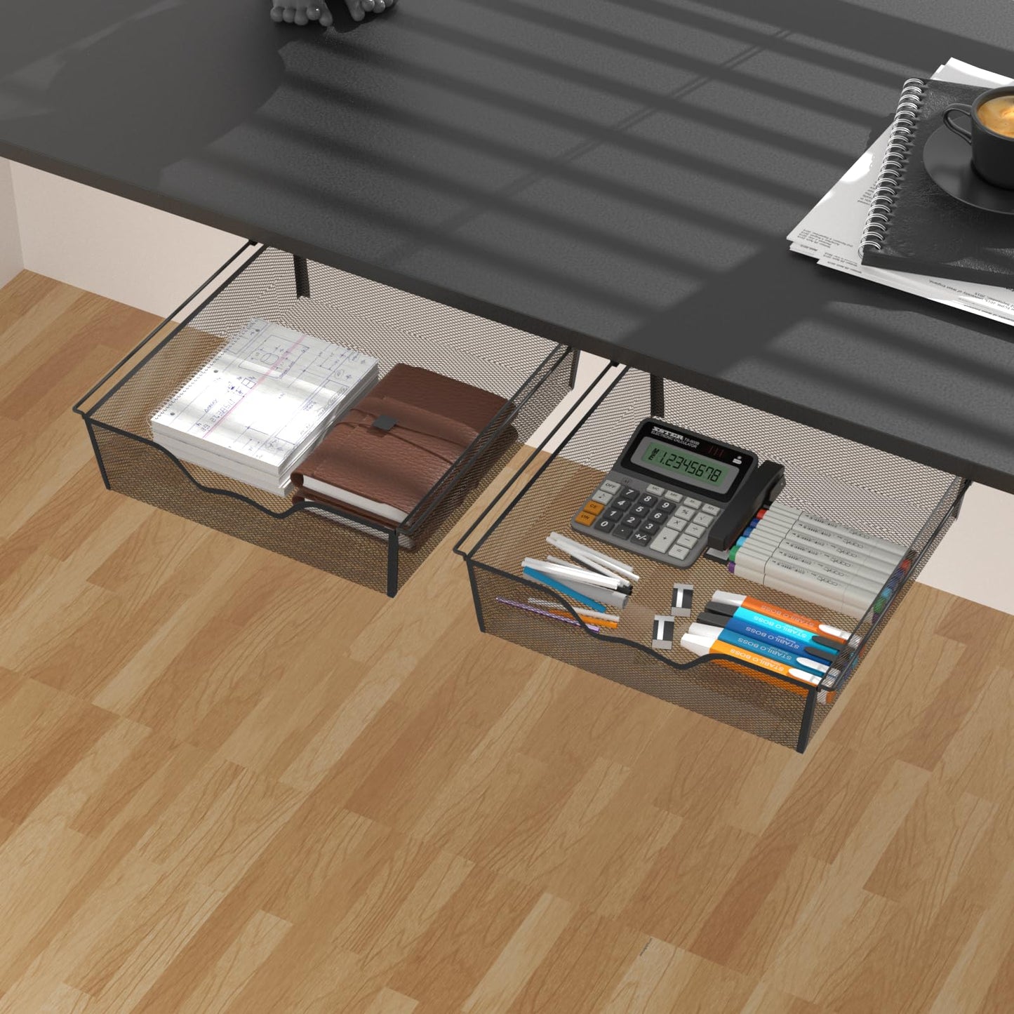 Under Desk Drawer Organizer No Drilling 2 Pack Under Table Storage Drawers Slide Out Mesh Metal Under Desk Hidden Adhesive Drawer for Office Kitchen
