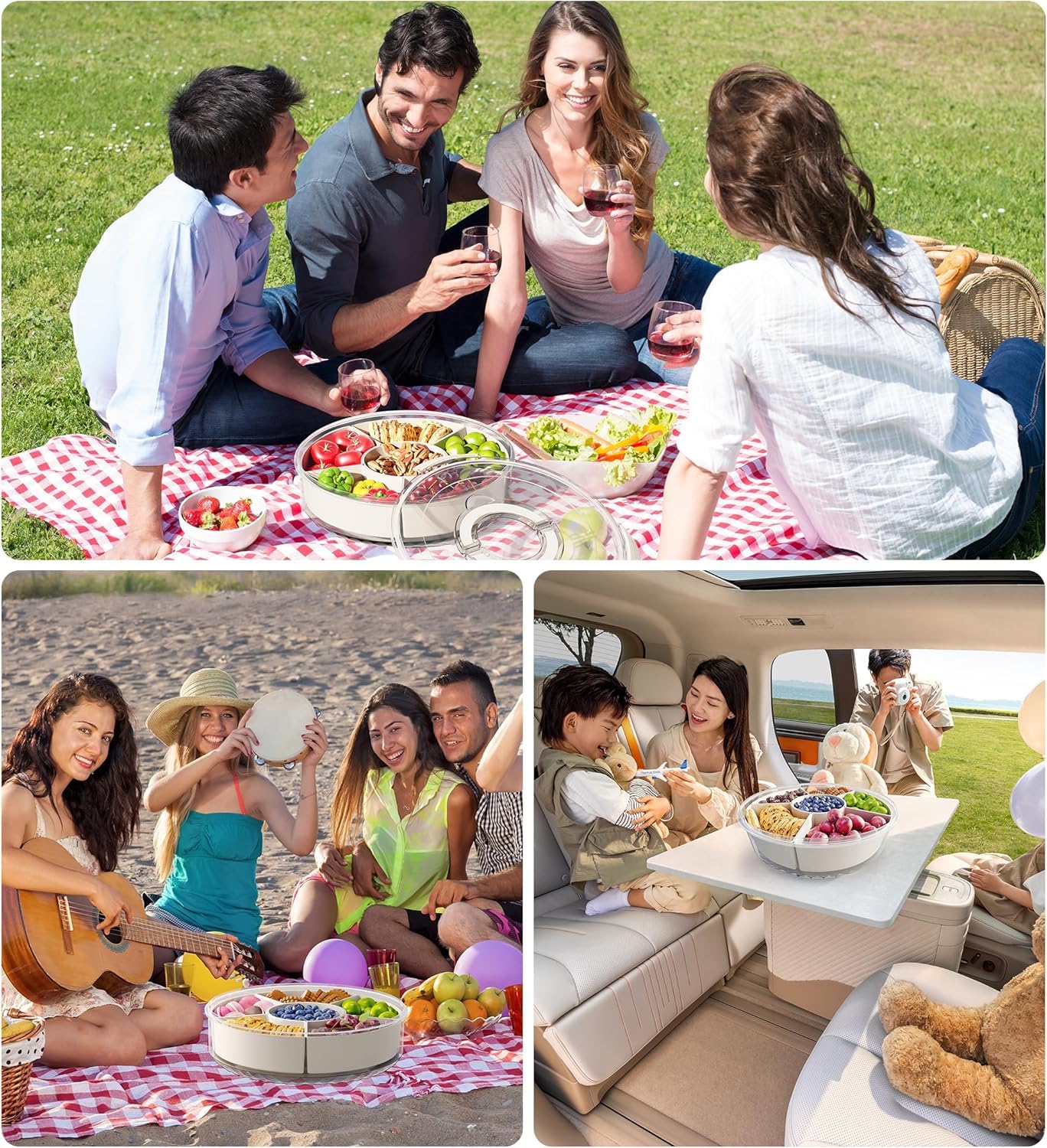 POLCANUR Divided Rotating Snack Storage Box with Lid and Handle, 360° Portable Clear Spinner Serving Tray for Fruits Veggie Charcuterie, Relish Tray, 6 Compartments