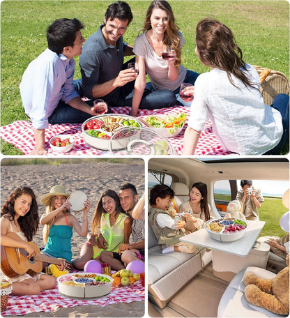 POLCANUR Divided Rotating Snack Storage Box with Lid and Handle, 360° Portable Clear Spinner Serving Tray for Fruits Veggie Charcuterie, Relish Tray, 6 Compartments