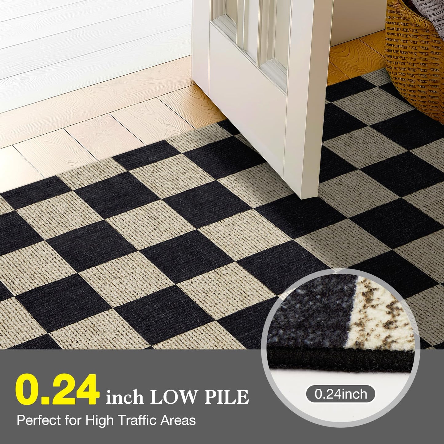 Washable Front Door Mat Indoor Entrance 2x3 Checkered Rug, Flat Print Plaid Area Rugs Ultra-Thin Carpet Stain Resistant Non-Slip for Entry Kitchen Hallway Kids Room Laundry Bedroom(Black and Camel)
