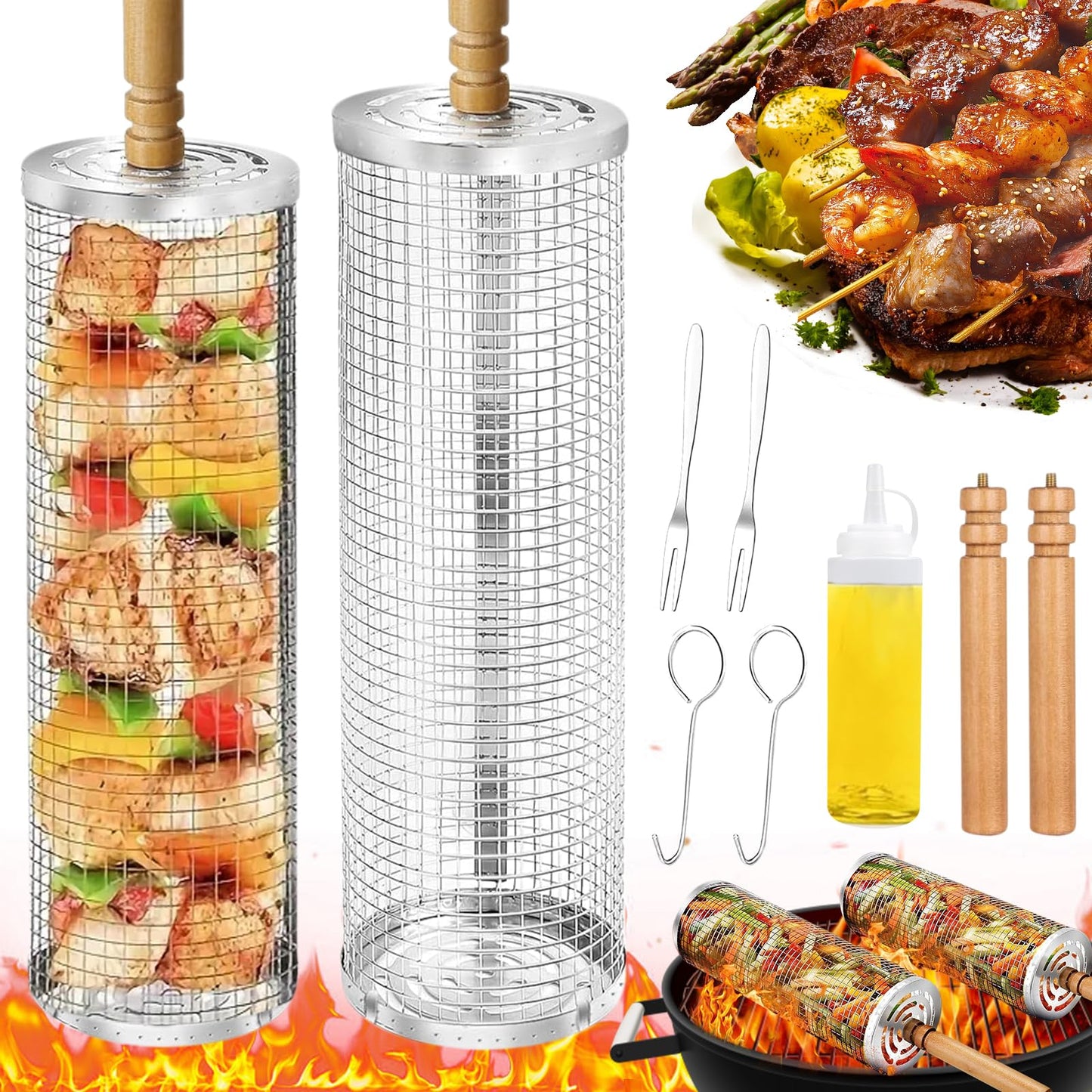 2PCS Rolling Grill Baskets with Removable Wooden Handle,304 Stainless Steel Nesting BBQ Basket for Outdoor Cooking Camping,BBQ Accessories Tools for Vegetables,Seafood & Meat,Gifts for Men Dad Husband