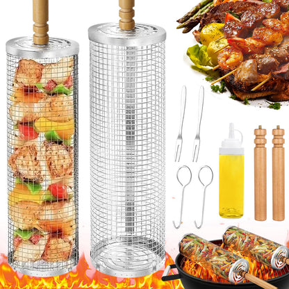 2PCS Rolling Grill Baskets with Removable Wooden Handle,304 Stainless Steel Nesting BBQ Basket for Outdoor Cooking Camping,BBQ Accessories Tools for Vegetables,Seafood & Meat,Gifts for Men Dad Husband