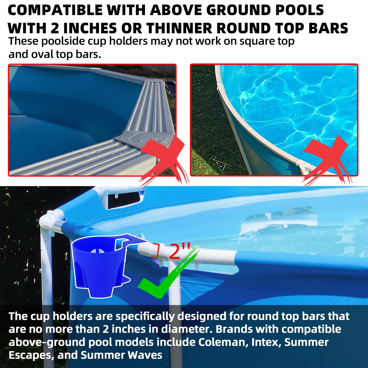 (6-Pack) Poolside Cup Holders for Above Ground Pools (Blue) - Compatible with Above Ground Pools with 2 Inches or Thinner Round Top Bars - Strong and Durable Easy to Use Clip-On No-Spill Cup Holders