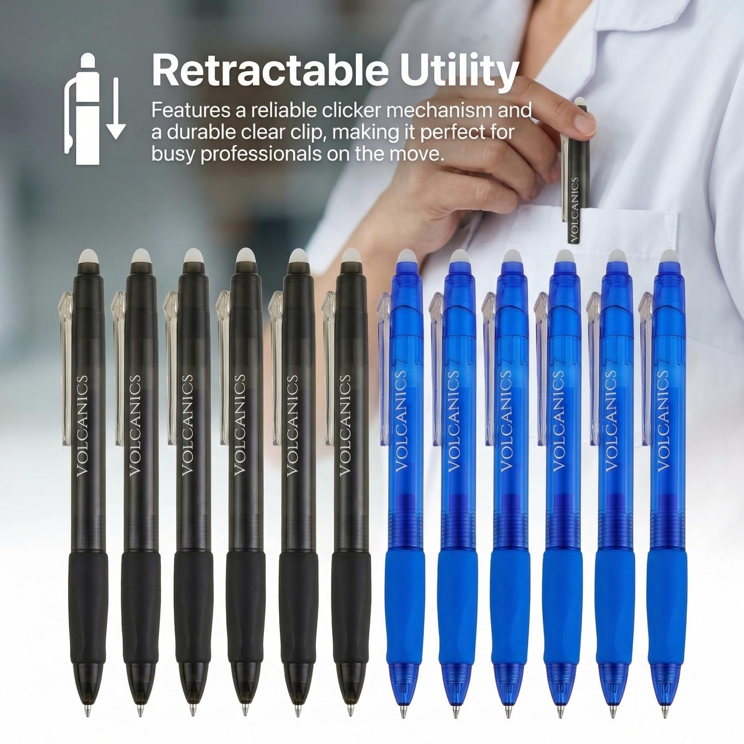 Volcanics Retractable Clicker Erasable Gel Pens - 0.7mm Ball Point, Heat Erase with Built-in Eraser, 36 Pack Blue and Black