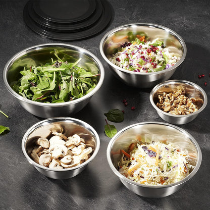 Abizarch Stainless Steel Mixing Bowls Set of 5, Small Metal Mixing Bowl for Kitchen Baking, Prepping, Cooking and Serving, Salad,Vegetables, Sizes 9.4“ 8.6“ 7.8” 6.3“ 5.5” (Lid not Included)