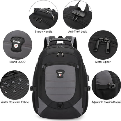 Tzowla Travel Laptop Backpack for Men Women,17.3"Computer Water Resistant Anti Theft TSA Friendly Backpacks with Lock and USB Charging Port,College Business Work Hiking Bookbag Daypack,Dark Grey
