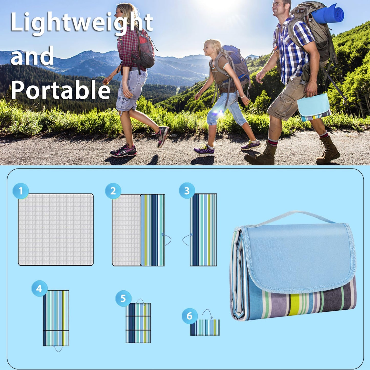 ADRIMER Large Picnic Blanket 77" x 79", Outdoor Waterproof Picnic Mat, Portable Beach Blanket for Family, Beach, Park, Camping, Hiking, Blue & White