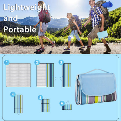 ADRIMER Large Picnic Blanket 77" x 79", Outdoor Waterproof Picnic Mat, Portable Beach Blanket for Family, Beach, Park, Camping, Hiking, Blue & White