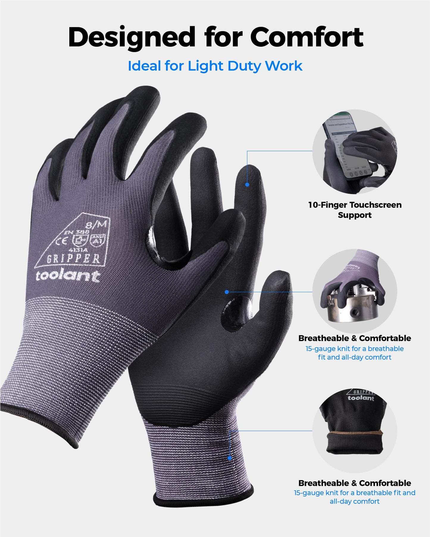 toolant Work Gloves MicroFoam Nitrile Coated, Breathable Nylon Safety Gloves with Stretchy Fit, Firm Grip & Touch-Screen Compatible, Ideal for Gardening, Automotive, Warehouse, Black (L, 6 Pairs)