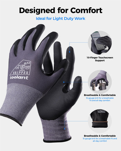 toolant Work Gloves MicroFoam Nitrile Coated, Breathable Nylon Safety Gloves with Stretchy Fit, Firm Grip & Touch-Screen Compatible, Ideal for Gardening, Automotive, Warehouse, Black (L, 6 Pairs)