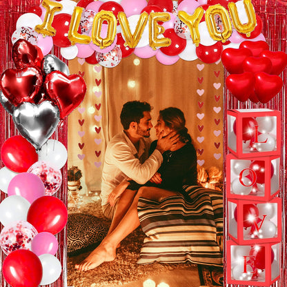 90Pcs Valentines Day Decor Kit, Happy Anniversary Decorations - 4 Pcs Balloon Boxes, Balloon Garland, Multi Decorations For Romantic Decors Special Night