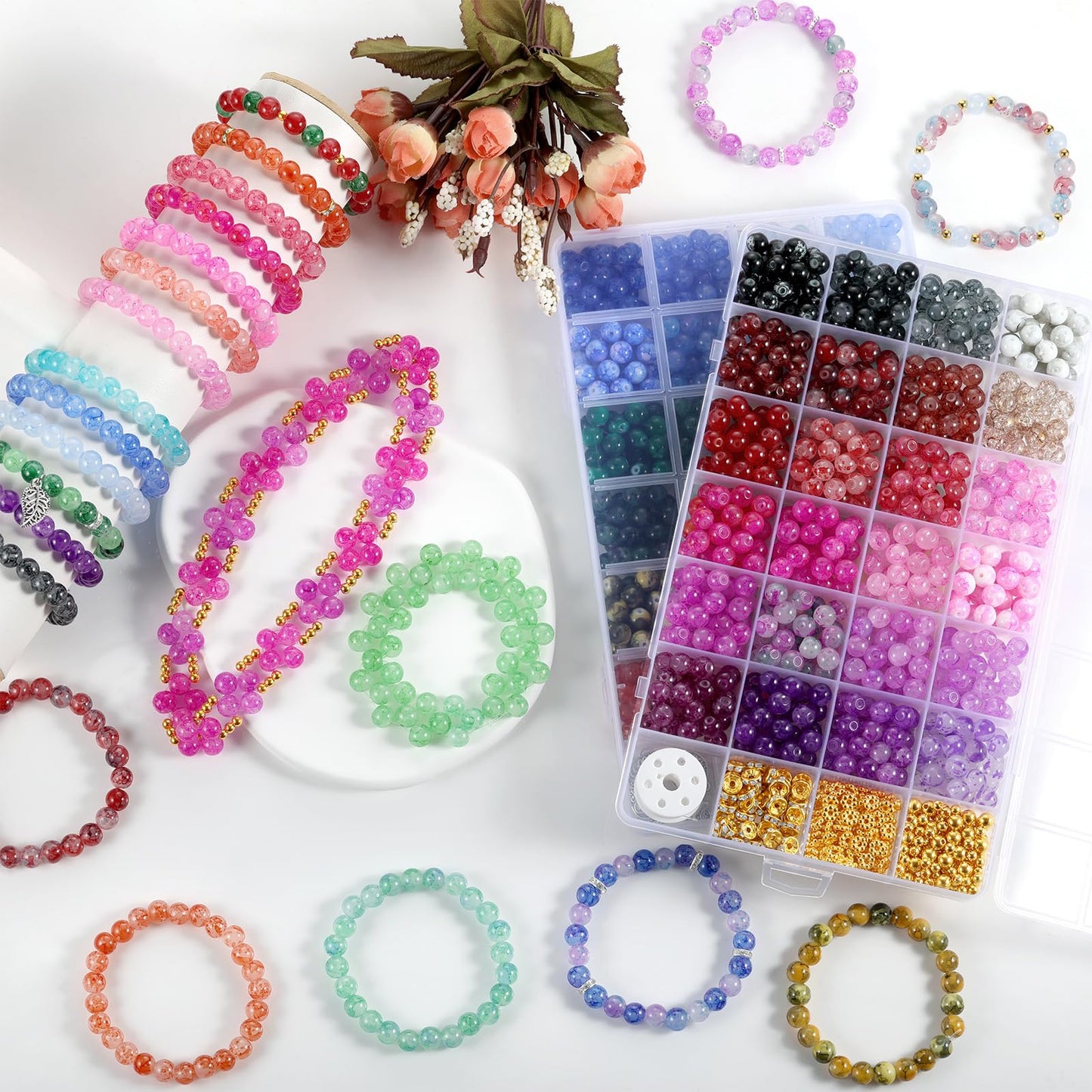 Zefy 48 Colors 8mm Glass Beads Bracelet Making Kit, 1556pcs Ink Patterns Crystal Beads for Jewelry Making and DIY Crafts, Round Beads for Friendship Bracelets with Spacer Beads and Charms