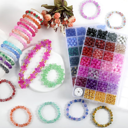 Zefy 48 Colors 8mm Glass Beads Bracelet Making Kit, 1556pcs Ink Patterns Crystal Beads for Jewelry Making and DIY Crafts, Round Beads for Friendship Bracelets with Spacer Beads and Charms