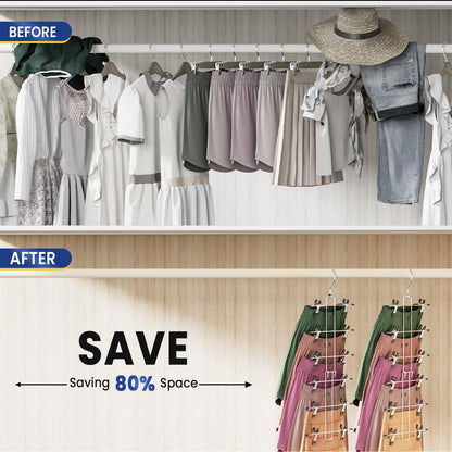 DAMITA Skirt Pants Hangers with Clips Space Saving Hanging Closet Organizer 6 Tiers Hanger with 360° Swivel Hook, Finger-Safe Design- College Dorm Room Apartment Essentials 2-Pack