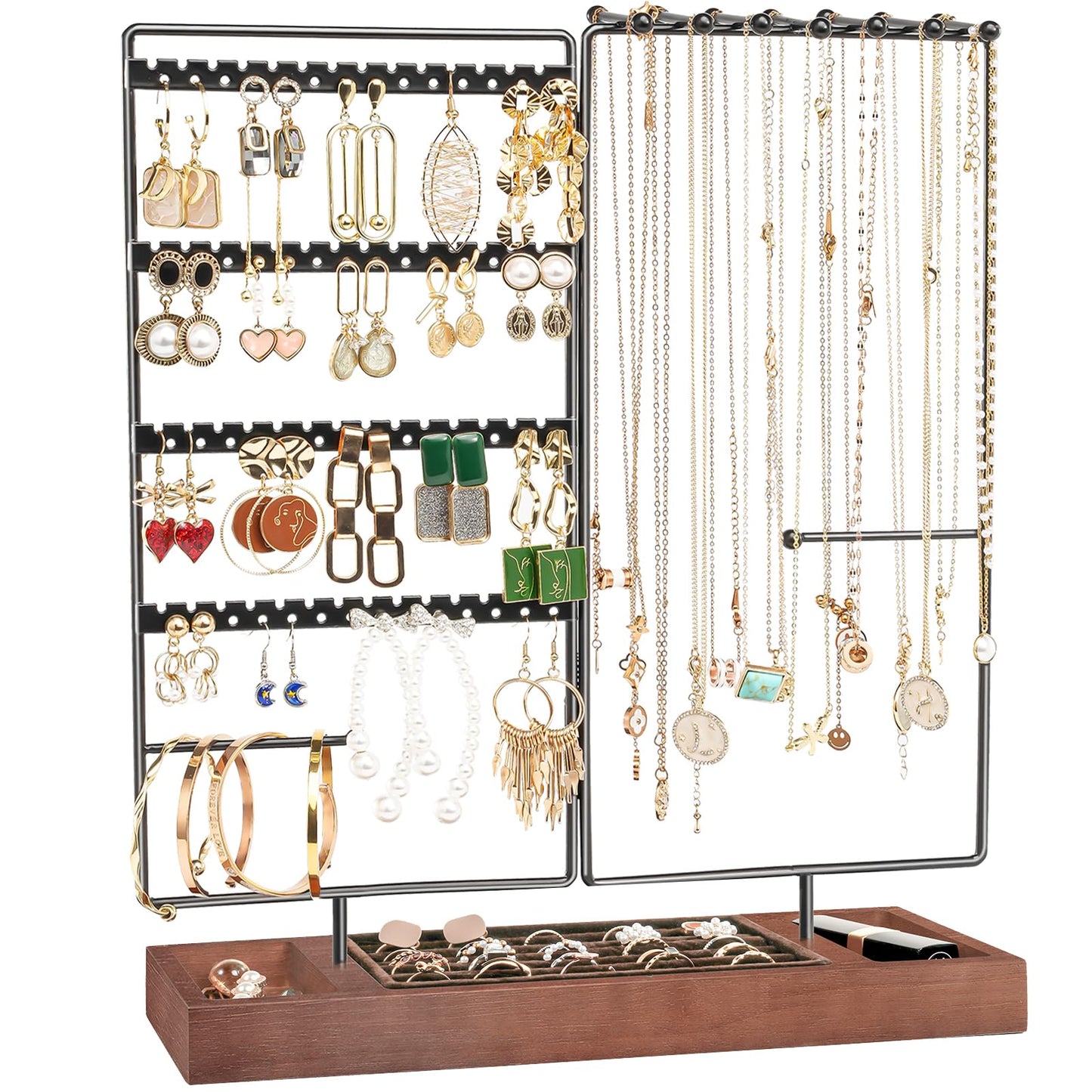 ProCase Earring Holder Necklace Organizer Jewelry Stand, 144 Holes Jewellery Organizers Earring Display Storage Rack with Removable Wooden Ring Tray for Bracelets Rings, Gifts for Women Girls -Black