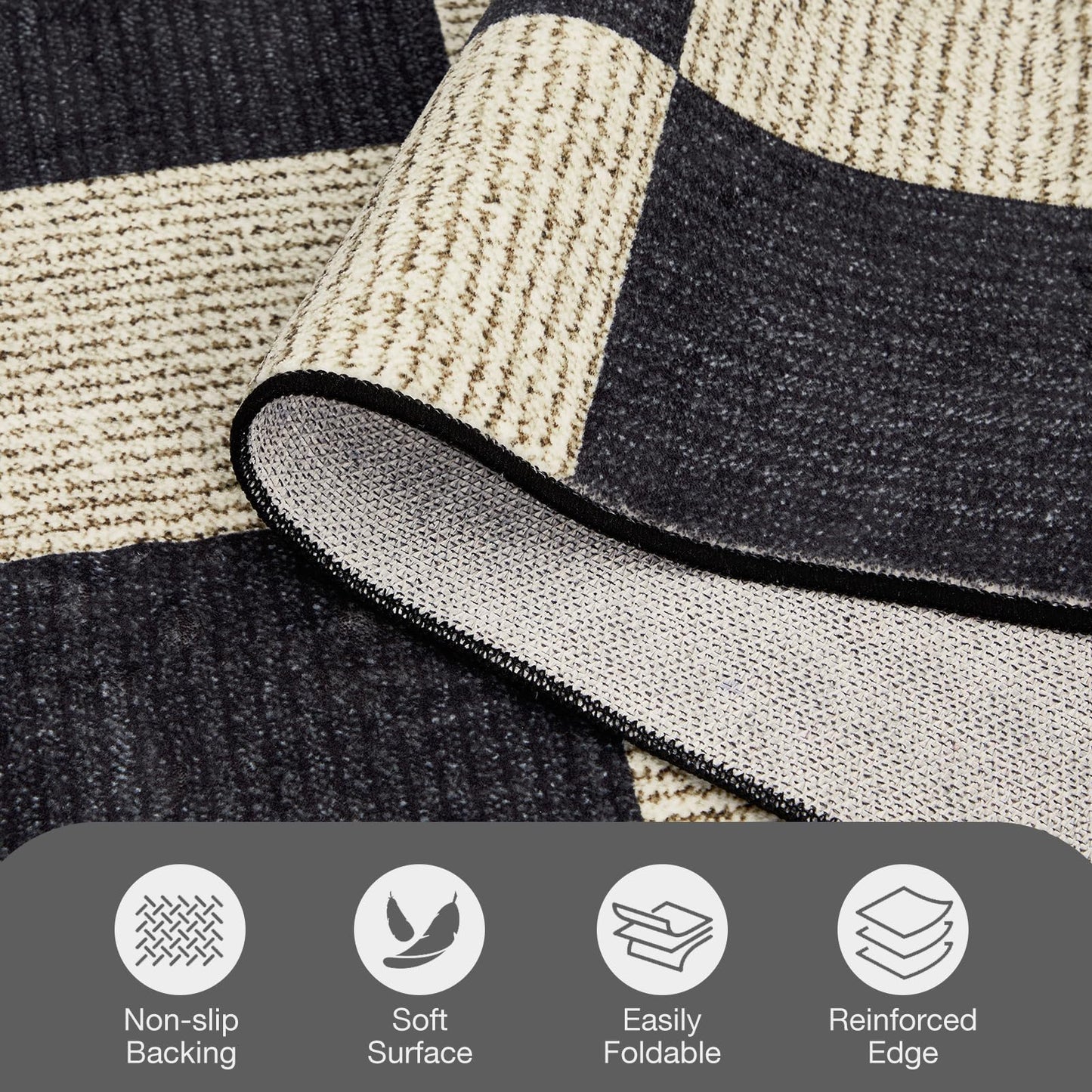 Washable Front Door Mat Indoor Entrance 2x3 Checkered Rug, Flat Print Plaid Area Rugs Ultra-Thin Carpet Stain Resistant Non-Slip for Entry Kitchen Hallway Kids Room Laundry Bedroom(Black and Camel)