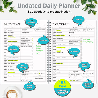 Planner Undated, Asten Daily Planner Agenda with to Do List, Hourly Schedules for Women and Men, Spiral Appointment Book with Elastic Closure, Inner Pocket 8.5" x 11" (Gray)