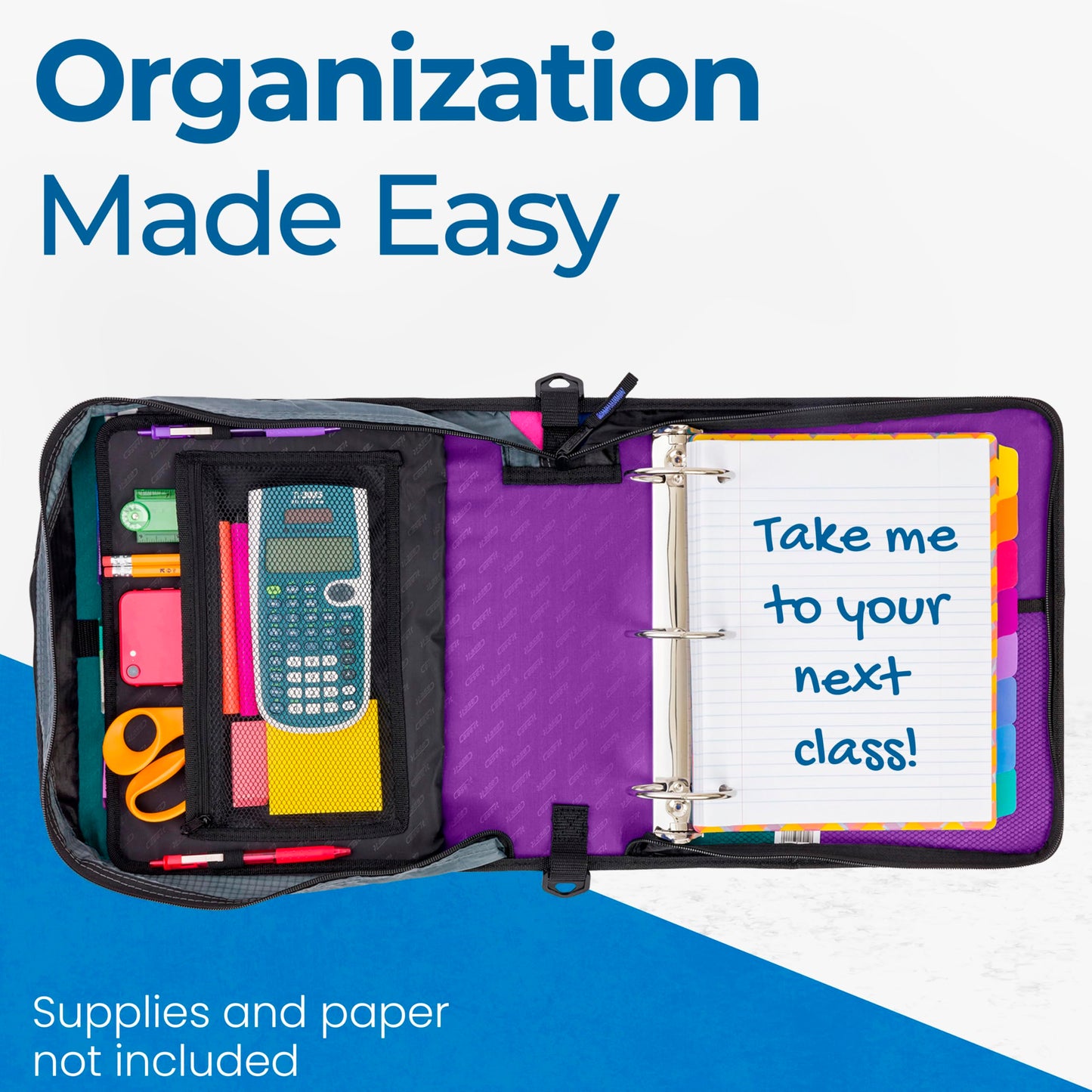 Case-it The Mighty Zip Tab Zipper Binder - 3 Inch O-Rings - 5 Color Tab Expanding File Folder - Multiple Pockets - 600 Sheet Capacity - Comes with Shoulder Strap - Deep Purple D-146