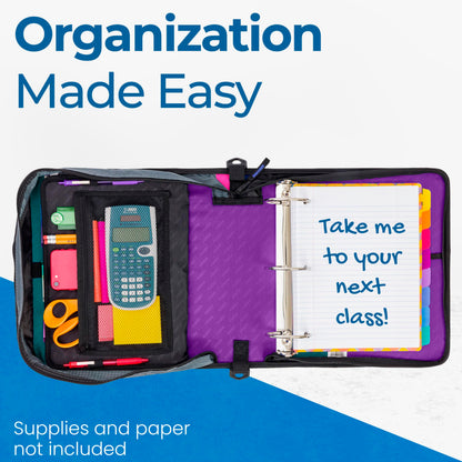 Case-it The Mighty Zip Tab Zipper Binder - 3 Inch O-Rings - 5 Color Tab Expanding File Folder - Multiple Pockets - 600 Sheet Capacity - Comes with Shoulder Strap - Deep Purple D-146