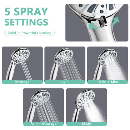 Handheld Shower Head with Hose – 5-Spray High-Pressure Hand Held Shower, Anti-Clog Water-Saving Shower Head, 70" Long Hose, 360° Adjustable Wall Brackets, Easy DIY Install